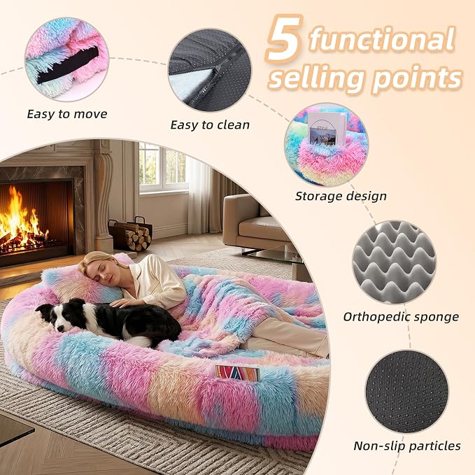 Human Dog Bed, Oversized Plush Lounger Bed with Plump Pillow and Blanket | 71" x 45" x 12" Long Plush Polyester Floor Nest for Relaxing, Napping, Reading, and Family Cuddle Time - Multicolor