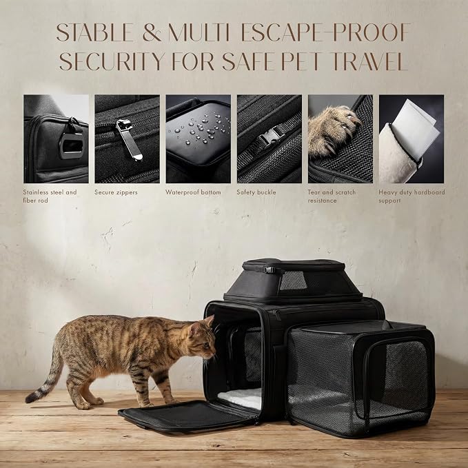 Top-Side Expandable Pet Carrier, Treat Window,18x13x9.5 Airline Approved | for Southwest Frontier,Soft-Sided Cat Carrier, Anti-Scratch Mesh, Lockable Zippers,Dog Carrier for Kitten,Rabbit,Puppy, Black