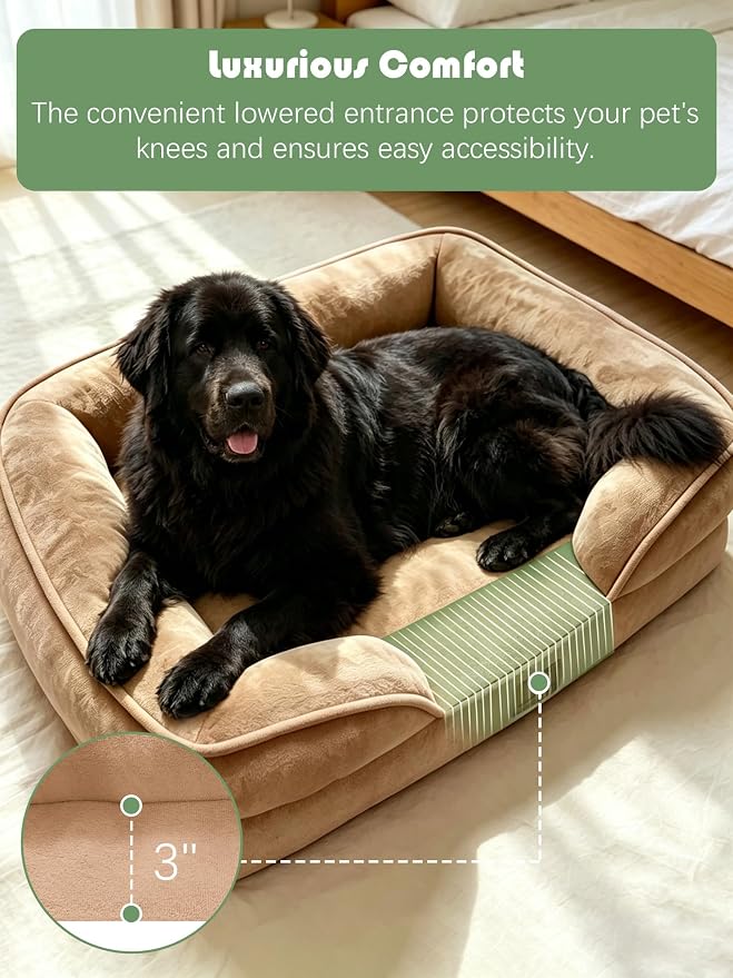 Spotted Play Orthopedic Dog Bed with Sides - Sofa Beds for Extra Large Dogs, Supportive Foam Pet Couch Bed with Washable Removable Cover, Waterproof Lining and Non-Slip Bottom, Brown - XXL