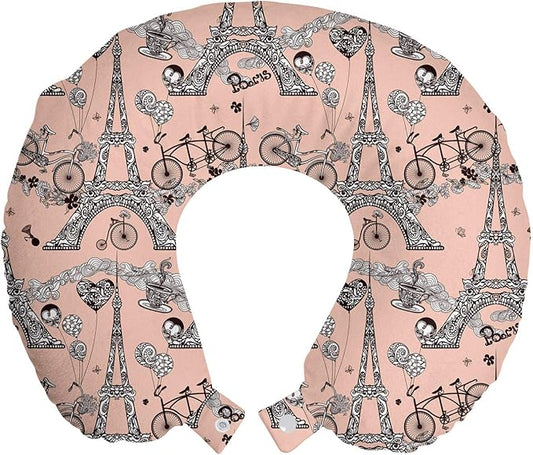 Ambesonne Eiffel Travel Pillow Neck Rest, Retro Bicycles Coffee Heart Balloons French Landmark Swirls, Memory Foam Traveling Accessory for Airplane and Car, 12", Salmon White