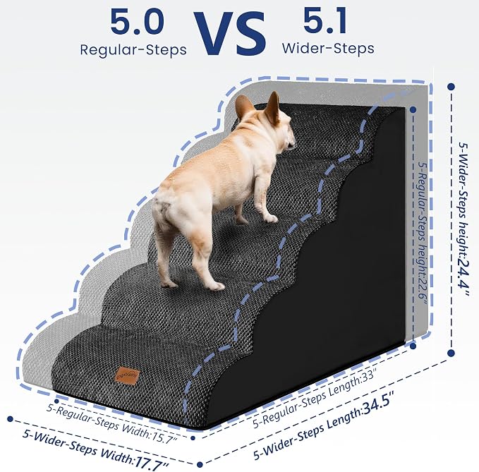 GoGoBunny Ramp Dog Stairs for High Beds 24.4" H, 5-Step Extra Wide Dog Slope Stairs with Durable Waterproof Fabric Cover, Pet Steps for Old Large Dogs Climbing, Non-Slip Sturdy Indoor Step, Black