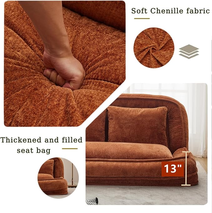Foldable Lazy Sofa Bed, Double Human Dog Bed for Adults, Orange | Skin-friendly Breathable Soft Chenille Upholstered, 5 Adjustable Backrest Positions, 3 Soft Cushions for Living Room