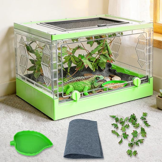 Travel Foldable Reptile Terrarium with Sliding Door Portable Spider Enclosure, Lizard Cage, Plastic Habitat for Tarantula, Tree Frog, Leopard Gecko, Snake, Ventilated Terrarium Starter Kit Green