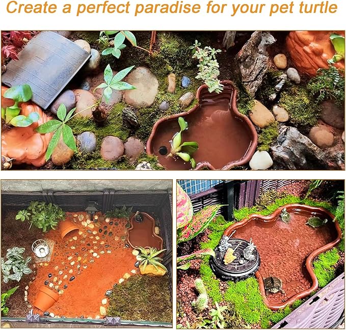 3PCS Tortoise Dish with Ramp Leaf - Tortoise Food & Water Bowls - Reptile Habitat Accessories for Horned Frogs & Lizards - Fit for Bath