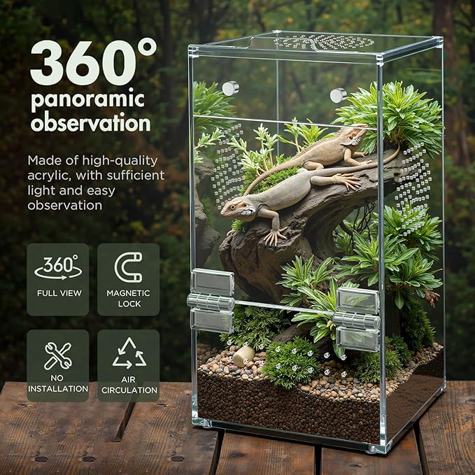Pre-Assembled Jumping Spider Enclosure, Acrylic Terrarium with Magnetic Door & All-Side Ventilation, Habitat for Spiderling, Mantis, Tarantula, Snail, 3.5"×3.5"×7" (Tweezer & Temp Sticker Included)