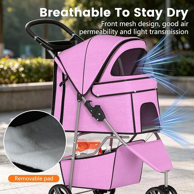 BestPet | 3-Wheel Pet Stroller | Pink | Foldable Dog and Cat Stroller | Breathable Mesh | Lightweight, Waterproof Travel Carrier with Cup Holder & Storage Basket | for Daily Walks & Outdoor Use