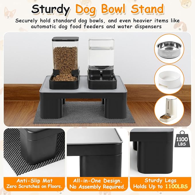 2 Pcs Elevated Dog Bowl Stand with Waterproof Dog Food Mat, Non-Slip, Black | Reduce Neck & Joint Strain, Easy to Clean Silicone Pet Feeding Mat, Sturdy Legs, Ideal for Small & Medium Dogs and Cats