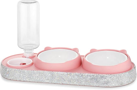 SlowVibes Bling Pink Cat Food and Water Bowl Set, Automatic Water Dispenser | 15-degree tilted double bowls with 17 oz automatic water dispenser for indoor cats, kittens, small medium dogs,Rhinestone
