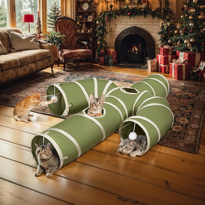 Ownpets Cactus Cat Tunnel 10" with Peek Holes for Indoor Large Cat, Green | Durable Oxford fabric, noise-free, foldable & connectable, multi-cat friendly, tube for cats up to 20lb, includes ball & wand
