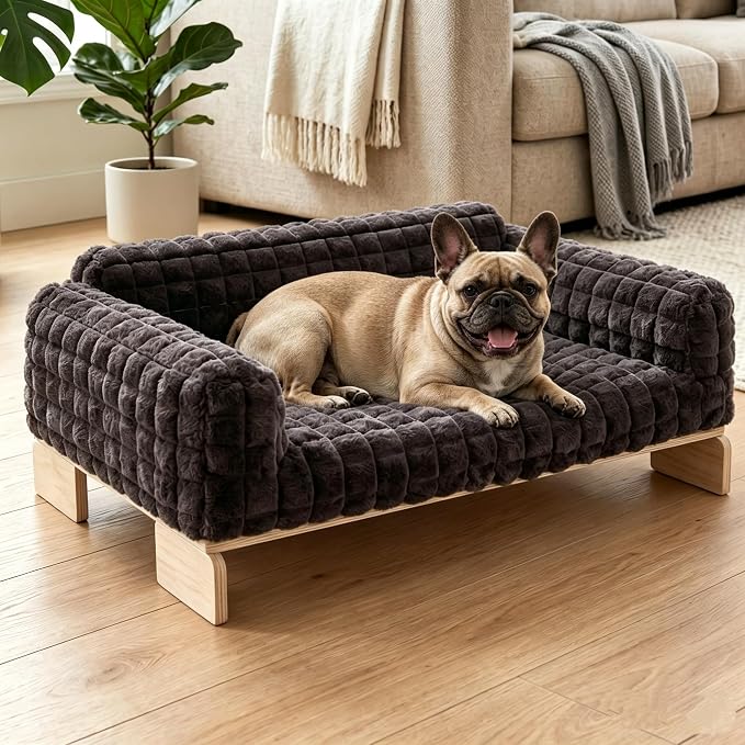 Veehoo Elevated Cat Bed Indoor, Wood Furniture Style Cat Couch Sofa | Indoor cats couch bed, removable washable cover, easy assembly, cozy fluffy cushion