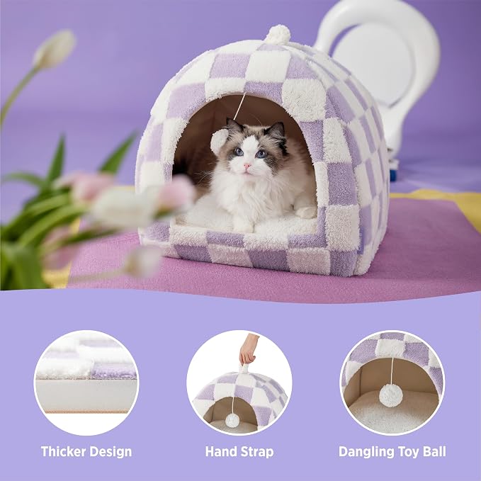 Lesure 2in1 Cute Cat House for Kitten with Washable Cushioned Pillow,17.3in | Cat Beds for Indoor Cats,Small Pet Cave Tent,Cozy Enclosed Foldable Hideaway,Fluffy Ball,Anti Slip Bottom,Hand Strap,Purple