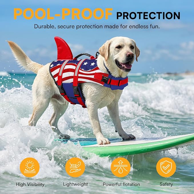 Shark Dog Life Vest for Swimming, Pet Life Vests for Boating, High Buoyant DogLife Jacket, Ripstop High Flotation Swimsui for Small, Medium, Large Dogs (USA Flag,XL)
