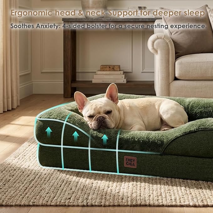 EHEYCIGA Orthopedic XL Dog Bed for Large Sized Dog, 42x30 Inch Extra Large Memory Foam Dog Couch Bed with Sides, Waterproof Liner & Washable Removable Cover, Dark Green