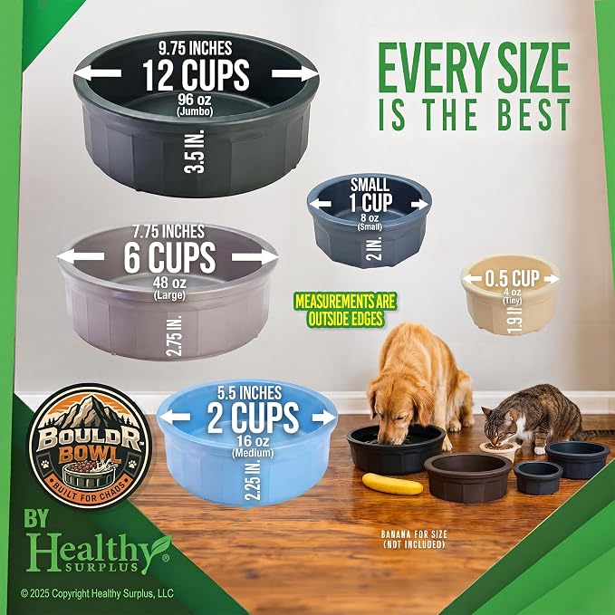 Pet Crock Bowl - 2 Pack – Thick Durable Plastic (Gray, 48oz Large) Non-Tip Food & Water Dish for Dogs, Cats - Indoor/Outdoor - Chew Resistant, Easy Clean BouldrBowl from Healthy Surplus®