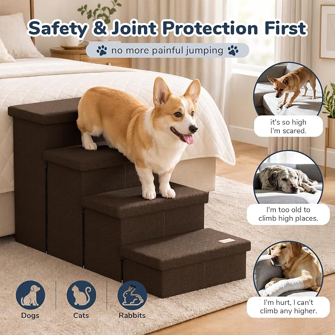 4-Step Wide Dog Stairs with Storage 23" H, Non-Slip Sturdy Pet Steps for High Bed Couch Window, Pet Stairs for Small/Medium/Large Old Dogs Cats Up to 220lbs, Cat Dog Steps for Car/SUV, Coffee