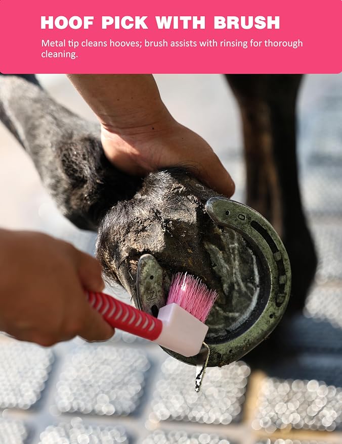 11-Piece Horse Grooming Kit with Waterproof Tote Pink Garnet | 10 coordinated horse grooming tools with comfort-grip designs and a spacious waterproof tote for complete horse grooming