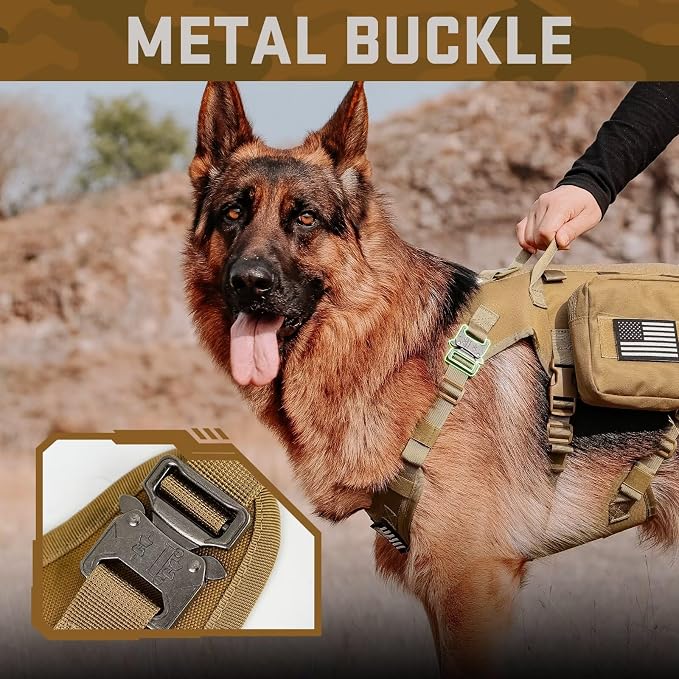 Forestpaw Tactical Dog Harness for Medium Dogs,Tactical Dog Collar with Bungee Leash Set,No Pull Military Dog Harness for Walking Training,Adjustable for Medium Dogs,Khaki,Chest 22-35"