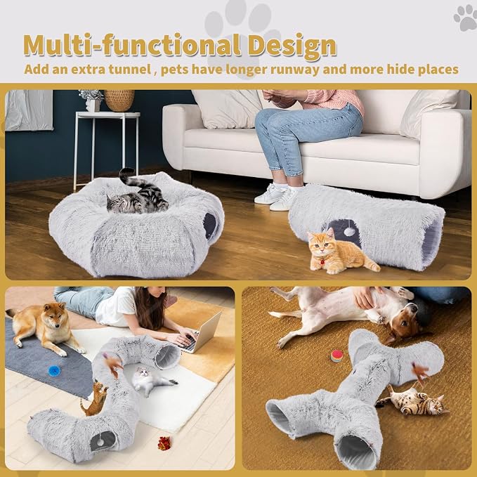 Cat Tunnels Bed with 1 Straight Tunnel and 20 Pet Toys - 5 Shapes DIY Indoor Cats Cave - Detachable Soft Cat Donut for Kitten Puppy Rabbit Ferret