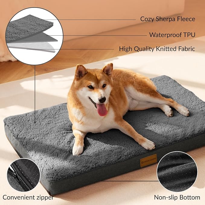 Patas Lague Orthopedic Large Dog Bed Pet Sofa Mat 42''X28'' Dark Grey | Egg-Crate Foam Dog Couch For Large Sized Dogs, Waterproof Removable Washable Cover, Soft Pet Crate Bed With Nonskid Bottom