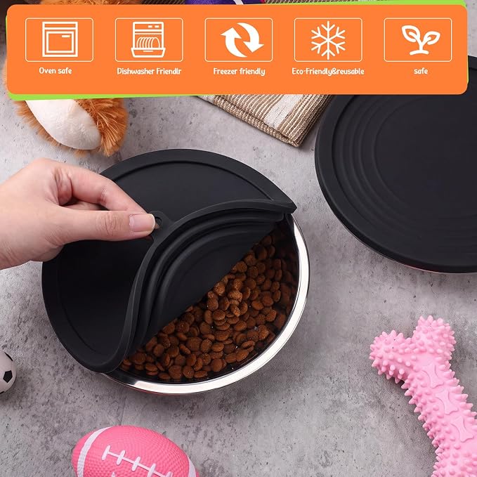 Patelai Stainless Steel Dog Bowls with Silicone Lids for 1.9 Cups Portable Food and Water Dishes for Pets Sealable Containers for 6.3" for Cats & Small Dogs(4 Pcs,Black)