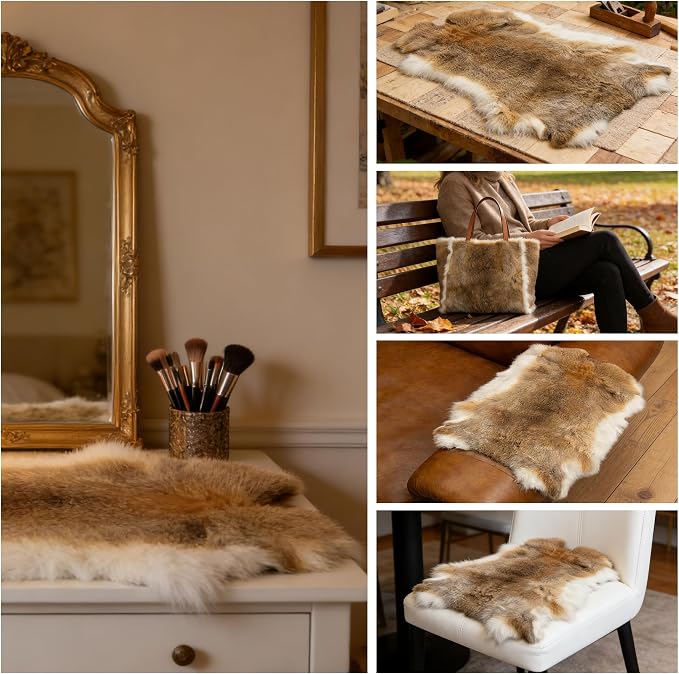 Craft Rabbit Fur Pelt Skin Genuine Tanned Animal Hide with Sewing Quality Leather 12" by 14" for Decoration DIY Crafts Cat Dog Toys Fur Fabric（5Pcs, Straw Yellow）