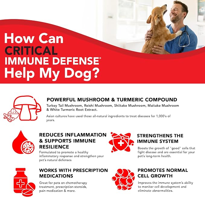 Critical Immune Defense for Dogs & Cats; Supports Normal Cell Growth - Turkey Tail, Reishi, Shiitake and Maitake Mushroom Formula with Patented White Turmeric Root Extract (Large / 90 Day Avg. Supply)