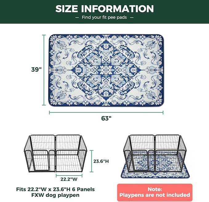 FXW Washable Pee Pads for Dogs, Super Absorbent, 39" x 63", 1 Pack | Machine washable, Non-slip backing, Fits 24"H 6-Panel FXW Rollick/Homeplus Playpens