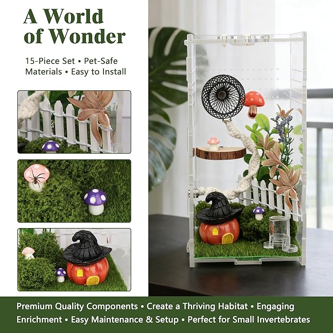 Jumping Spider Enclosure Accessories, 15PCS Decor Kit with Tarantula Habitat Hide Climbing Ledge Water Dish for Spider Tank Decorations