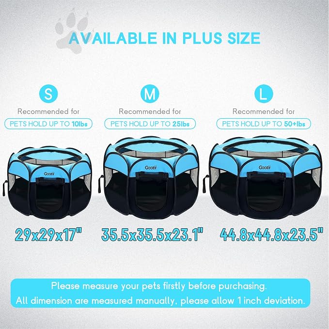 GOOZII Dog Playpen Portable Collapsible, Indoor Outdoor Pet Puppy Exercise Playpens Case with Zipper Door Top Cover Floor for Large Cat Rabbit Travel Camping (Small Size, Black/Blue)