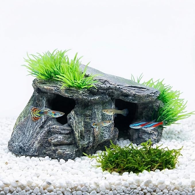Aquarium Cave & Betta Hideout - Natural Resin Fish Tank Decorations, Small Turtle Basking Platform, Hand-Polished Smooth Edges, PH Neutral Stone Decor for Shrimp, Cichlid, and Reptiles (Small)