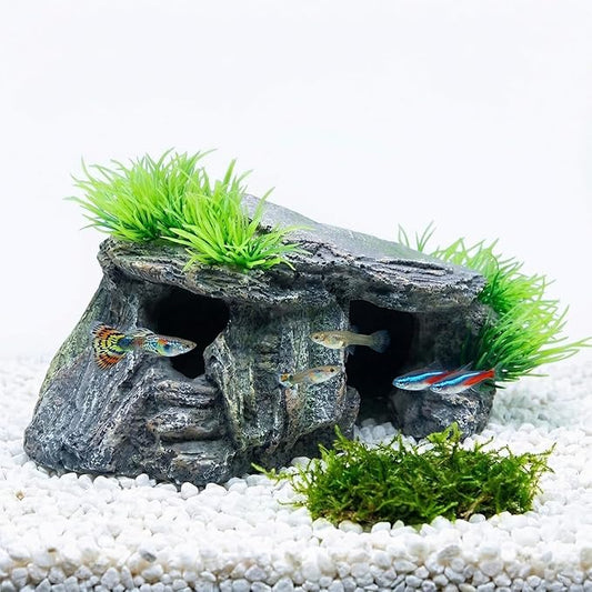 Aquarium Cave & Betta Hideout - Natural Resin Fish Tank Decorations, Small Turtle Basking Platform, Hand-Polished Smooth Edges, PH Neutral Stone Decor for Shrimp, Cichlid, and Reptiles (Small)