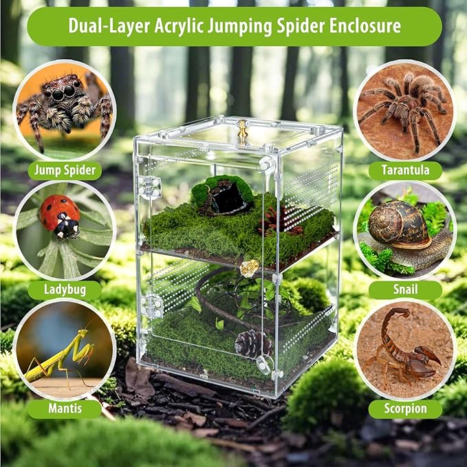Acrylic Jumping Spider Enclosure with Removable Divider – 12"*8"*8" Large Reptile Terrarium for Praying Mantis, Arboreal Tarantula, Snails, Lizard, Gecko, Secure Habitat with Front Door & Top Lid