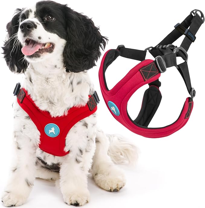 Gooby Escape Free Sport Dog Harness, Choke-Free, Red, Small | Patented escape-free frame; Reduces choking; 4-point adjustment; Soft neoprene padding; Durable webbed straps