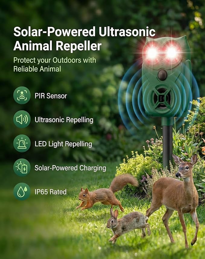 2 Pack Solar Ultrasonic Animal Repeller with Motion Sensor, Deer Repellent Devices with LED Light, Waterproof Cat Repellent Outdoor, Dog Deterrent for Yard Garden to Repel Raccoon, Squirrel, Fox