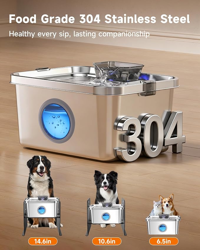 12L/3.2Gal Dog Water Fountain Elevated, Stainless Steel Pet Water Fountin with Adjustable Metal Stand, Raised Automatic Dog Water Bowl Dispenser for Large Dogs, Quiet Dog Fountain with Water Window
