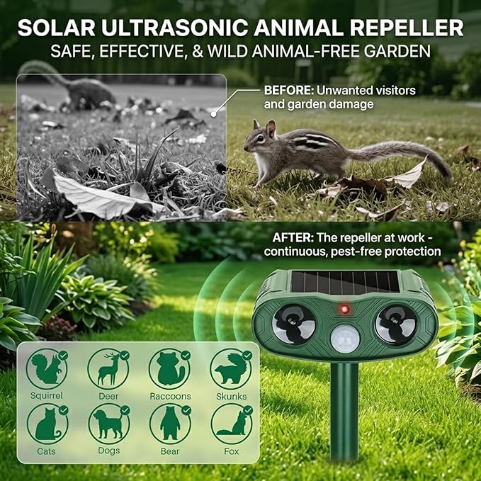 2026 Solar Ultrasonic Animal Repellent Outdoor Deer Repellent Devices, 4Pack Cat Repeller Motion Detection, Solar Animal Repeller Outdoor to Scare Squirrel Rabbit Repellent Deterrent for Yard Farm