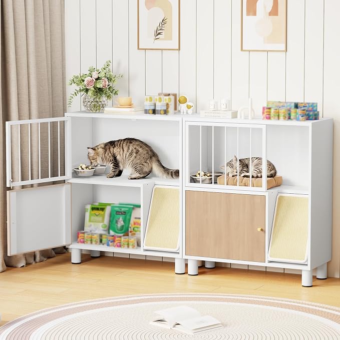 Metal Cat Feeding Station, Dog Proof Cat Feeding Station, Pet Food Storage | Cat Food Table, Raised Bowls for Indoor Cats, Elevated Food Bowls with Stand, Cat House with Scratching Board, Metal White