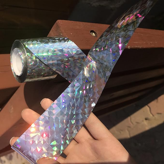 MISSYOUNG Holographic Reflective Ribbon Tape, 0.9in x 260ft, Keeps Away Woodpecker, Pigeon, Hawks, Grackles, Plastic with Paper Coating, Holographic