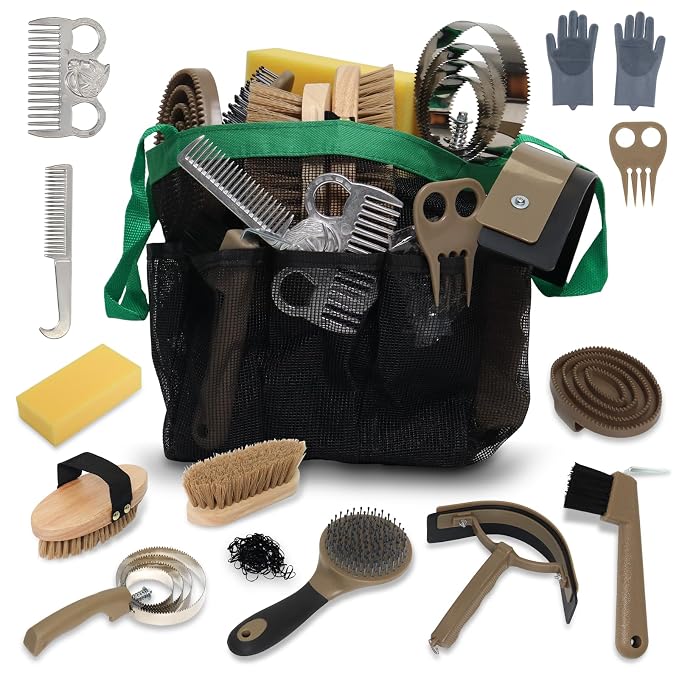 Horse Grooming Kit 14 Pieces, Horse Brushes for Grooming Supplies Set | Includes Curry Comb, Hoof Pick, Gloves & Mane Tools Durable Grooming Set for Bathing, Shedding and Daily Horse Care