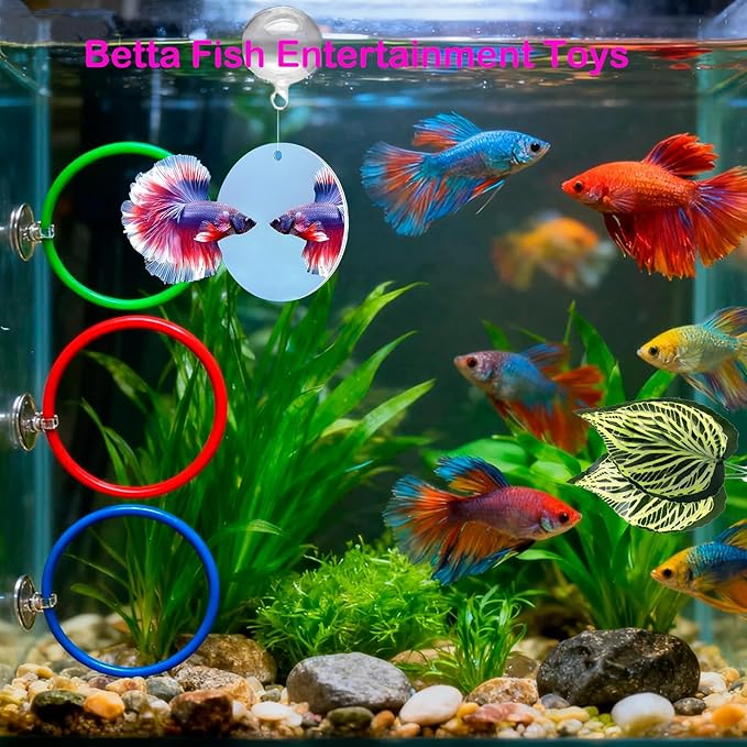 9 pcs Betta Fish Enrichment Toys Fish Exercise Rings Tank Decoration Set Feeding Rings Training Ring Feeder Fish Toys Floating Mirror Balls Resting Spot for Stress-Free Fish Aquarium Accessories