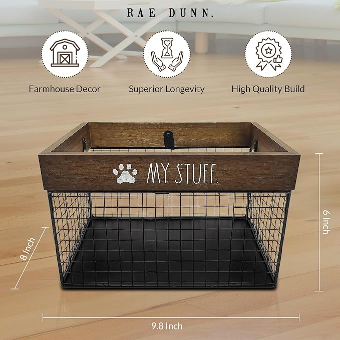 SmartSniffs Pet Toy Storage - Metal & Wood Dog & Cat Toy Bin - Organizer for Accessories, Leash, Blanket, Food - Container Baskets for Dogs & Cats, 9.75" x 8" x 6