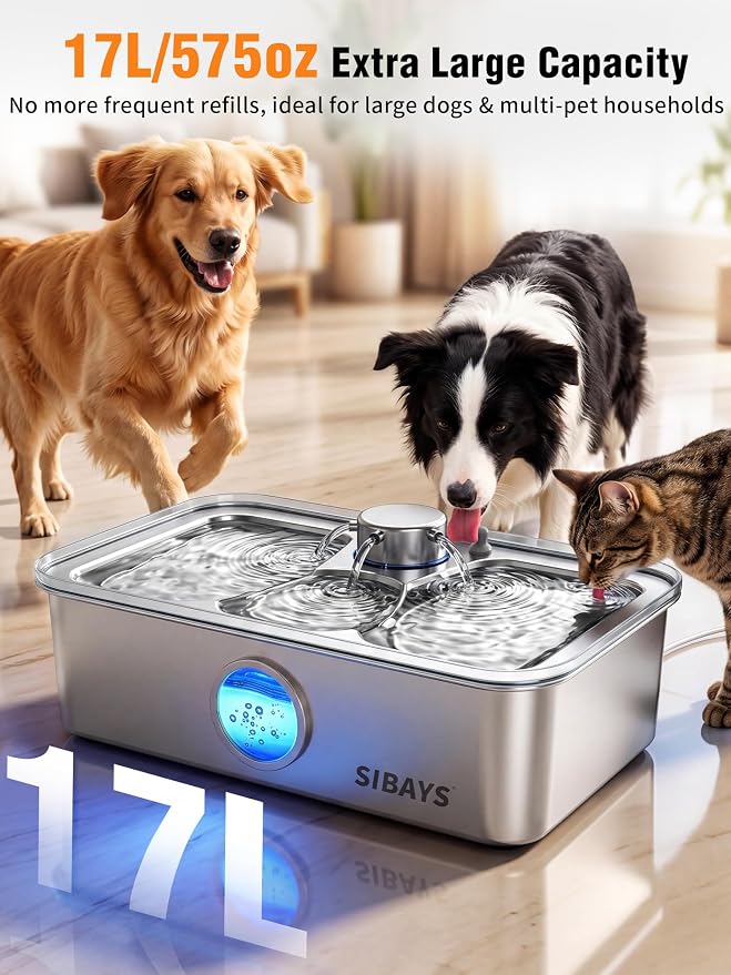 SIBAYS 4.5Gal/17L Dog Water Fountain, Large Capacity Stainless Steel Pet Water Fountain with Water Level LED Light, Ultra Quiet Dog Water Bowl Dispenser for Large Dogs & Multi-Pet, Easy to Clean FS83