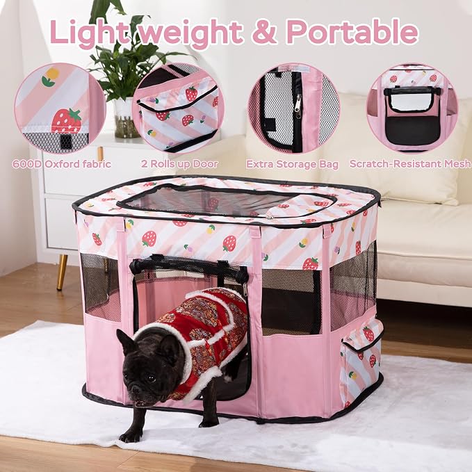 Dog and CAT pop Play Pen,Pets Houses for Dogs and Cats,Indoor&Outdoor Exercise Pen Dog Tent Puppy Playground Large (L, Pink) | Portable Dog Kennel with Upgrade Breathable Mesh，Sturdy Kitten Playpen Indoor & Outdoor for Rabbit or Small Animals，Pink