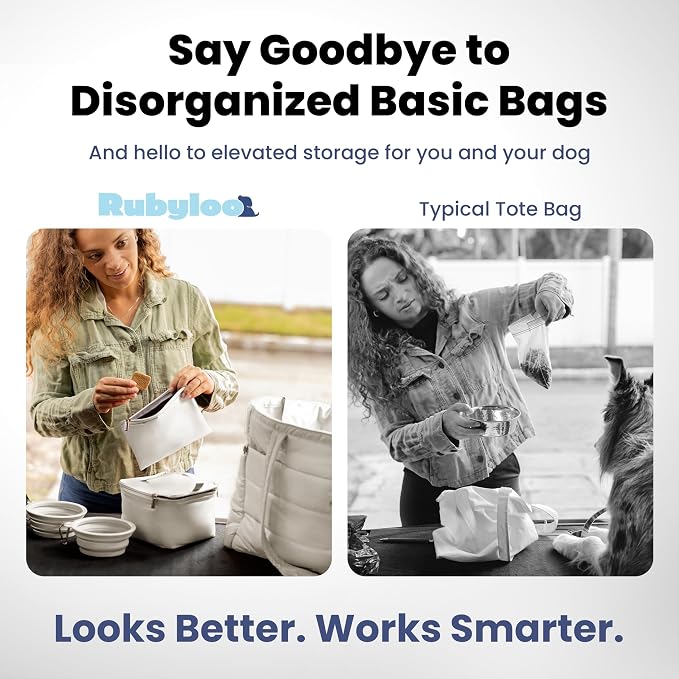 Puffer Dog Travel Bag for Dog Moms, Diaper Bag with Travel Bowls | 2 BPA-Free Collapsible Bowls, 2 Pet Food Containers, 9 Pockets, Everyday Puffer Bag Works With or Without Your Dog, Beige