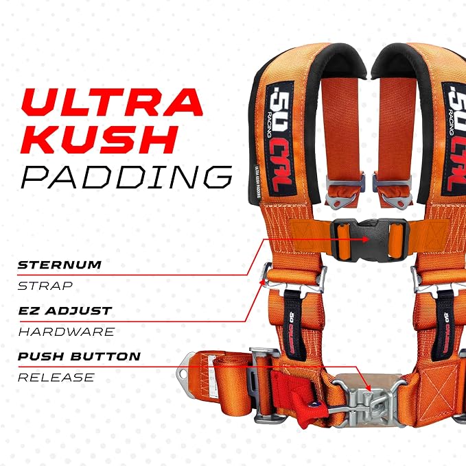 1pc 50 Cal Orange 4 Point Harness 3" straps, Racing Harness Seat Belt | Ultra Kush padding, Push Button quick release hardware. Universal Fit for UTV, RZR, race car