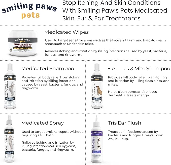 Smiling Paws Pets - Itch Relief Shampoo for Pets - Contains Benzoyl Peroxide - Kills Fleas - Relieves Allergies, Itching, Dermatitis, Mange, Dandruff, Acne, Demodex, Seborrhea, Pyoderma - 12oz