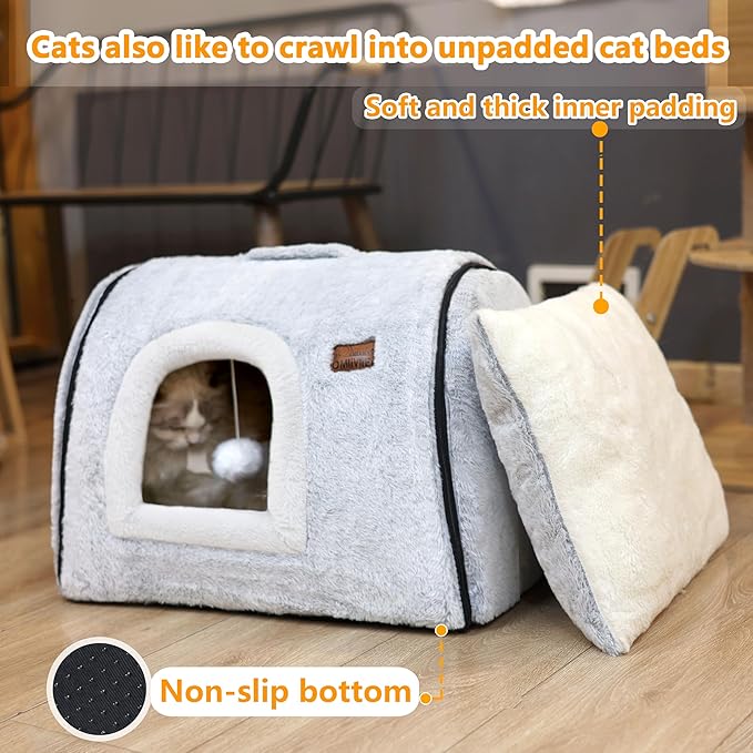 cat Bed cave-cat beds for Indoor Cats,Soft and Comfortable Cute Pet Bed，cat House,with Removable Washable Cushioned Pillow,Enclosed cat Bed,Kitty pet hut、Hideaway,Small Large Dog Tent (Grey)