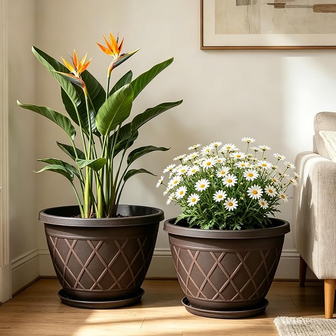 4 Pack 12 Inch Pots for Plants, Decorative Plastic Flower Pots with Drainage Hole & Saucer, Modern Large Planters for Outdoor Indoor Plants, Garden, Balcony, and Home Decor (Brown)