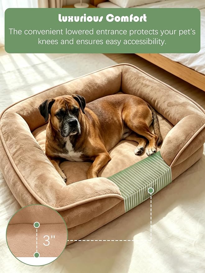 Spotted Play Orthopedic Dog Bed with Sides - Sofa Beds for Large Dogs, Supportive Foam Pet Couch Bed with Washable Removable Cover, Waterproof Lining and Non-Slip Bottom, Brown - L-Plus