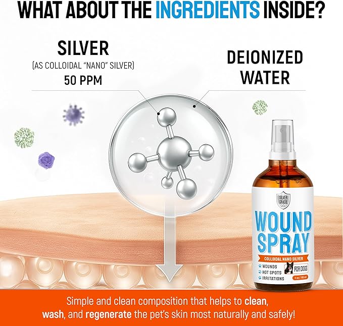 Silver Dog Wound Spray Helps with Hot Spots, Irritations, Bites, Burns, Rashes, Itch, Scratching – Better Use with a Dog Cone to Stop Licking – Safe for Large and Small Breeds – 4 oz